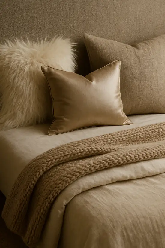 a bedroom with luxurious textures and fabrics.